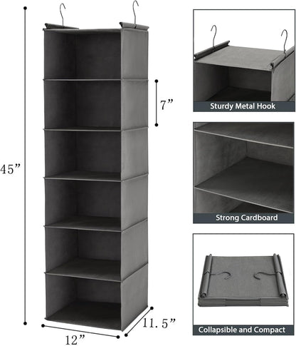 6 Tier Hanging Closet Organizer with 2 Sturdy Hooks, Grey