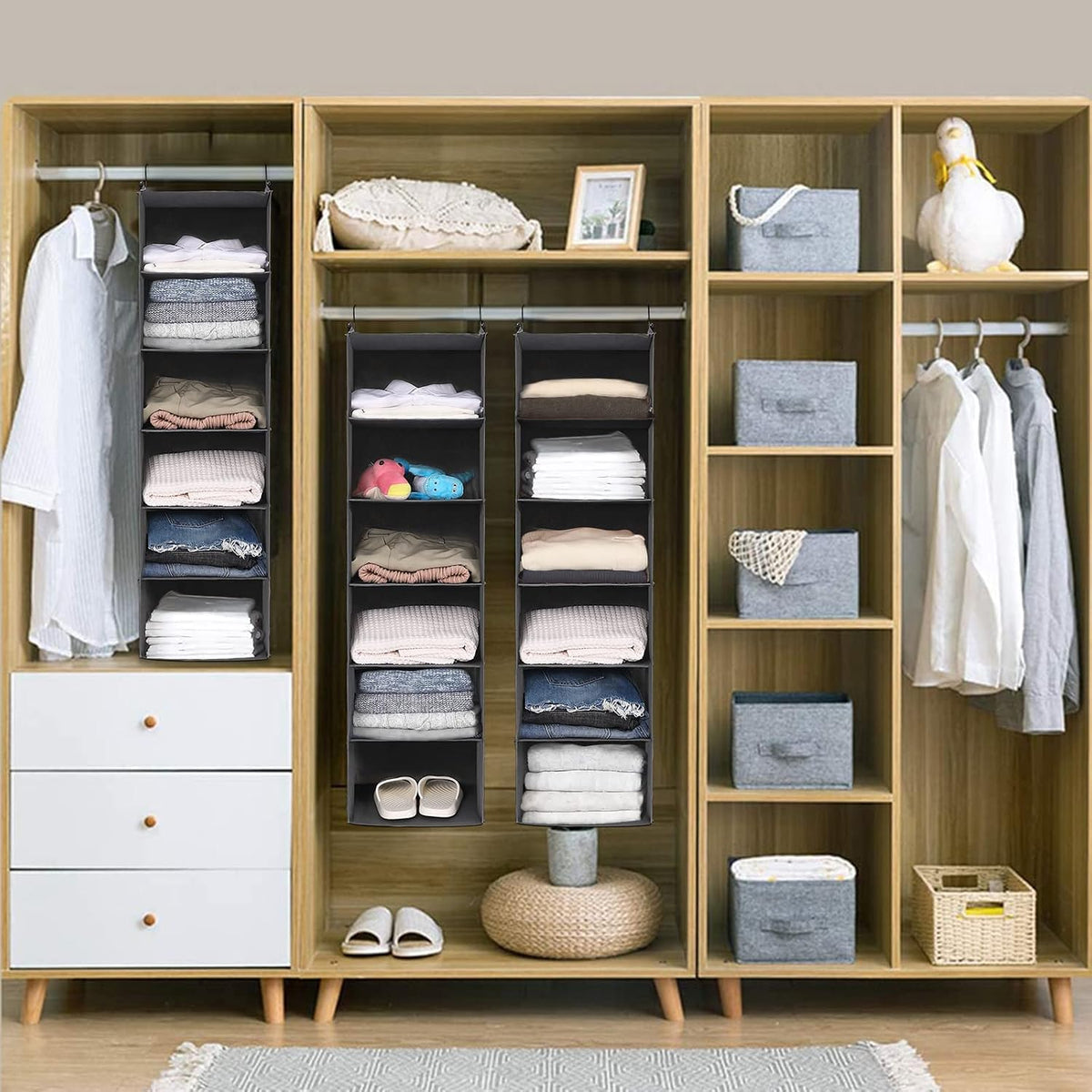 6 Tier Hanging Closet Organizer with 2 Sturdy Hooks, Grey