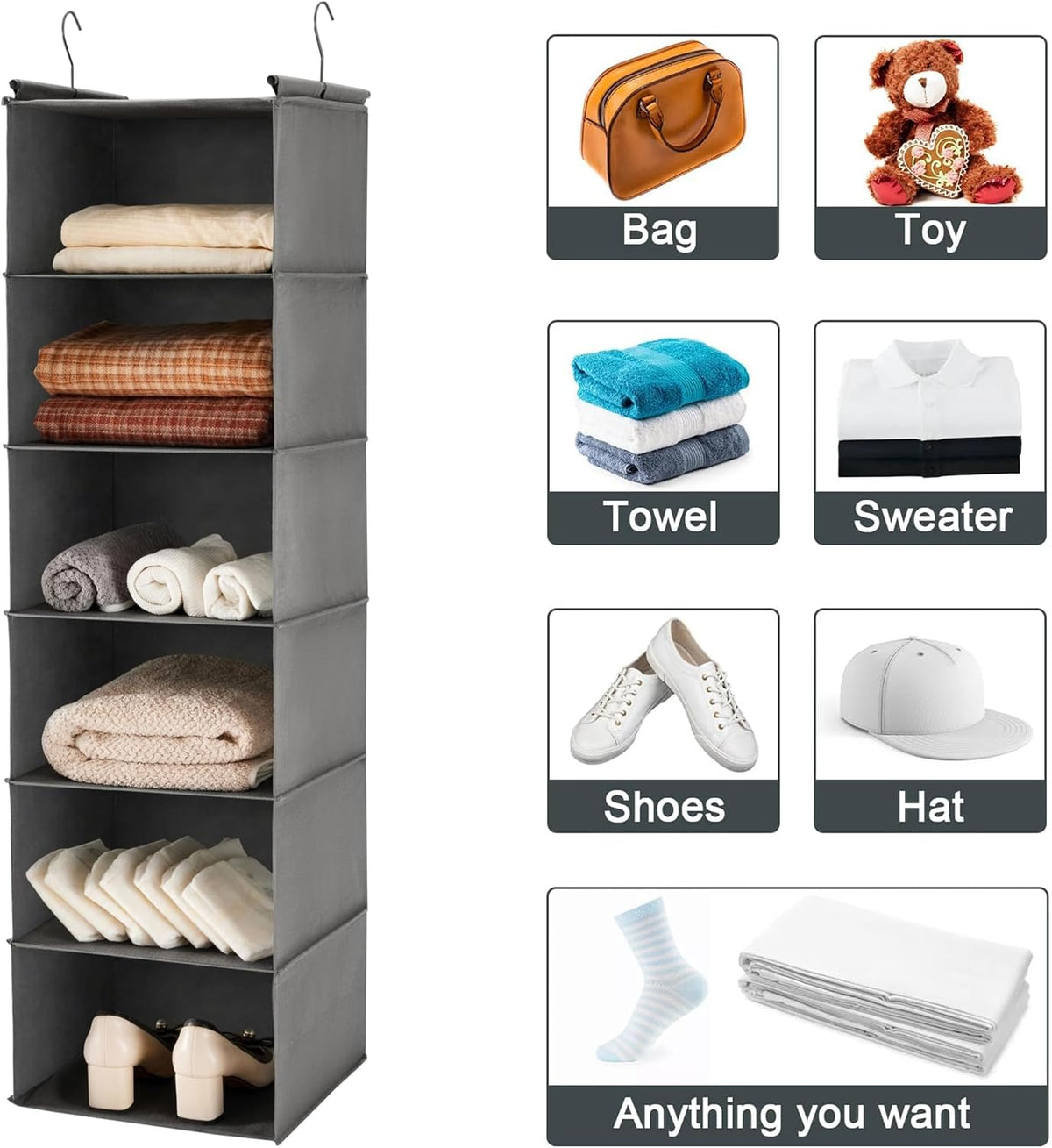 6 Tier Hanging Closet Organizer with 2 Sturdy Hooks, Grey
