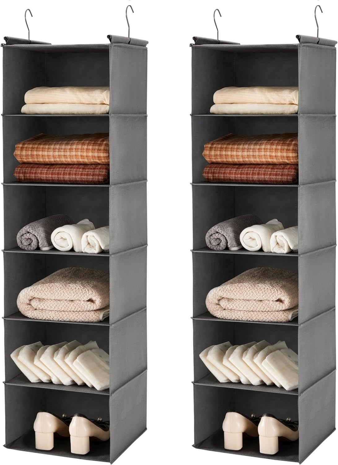 6 Tier Hanging Closet Organizer with 2 Sturdy Hooks, Grey