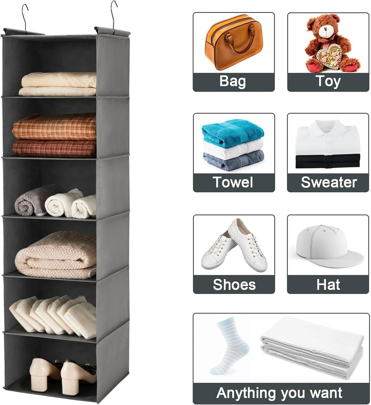 6 Tier Hanging Closet Organizer with 2 Sturdy Hooks, Grey