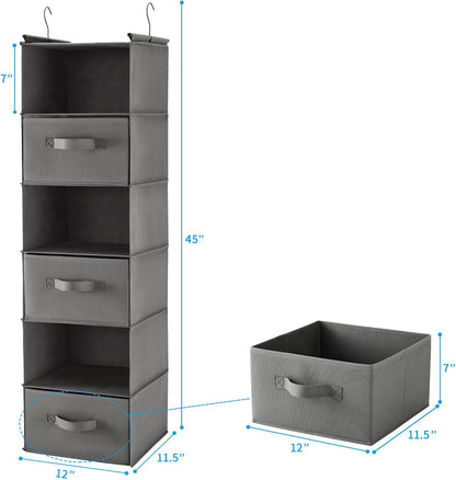 6 Tier Hanging Closet Organizer with 2 Sturdy Hooks, Grey