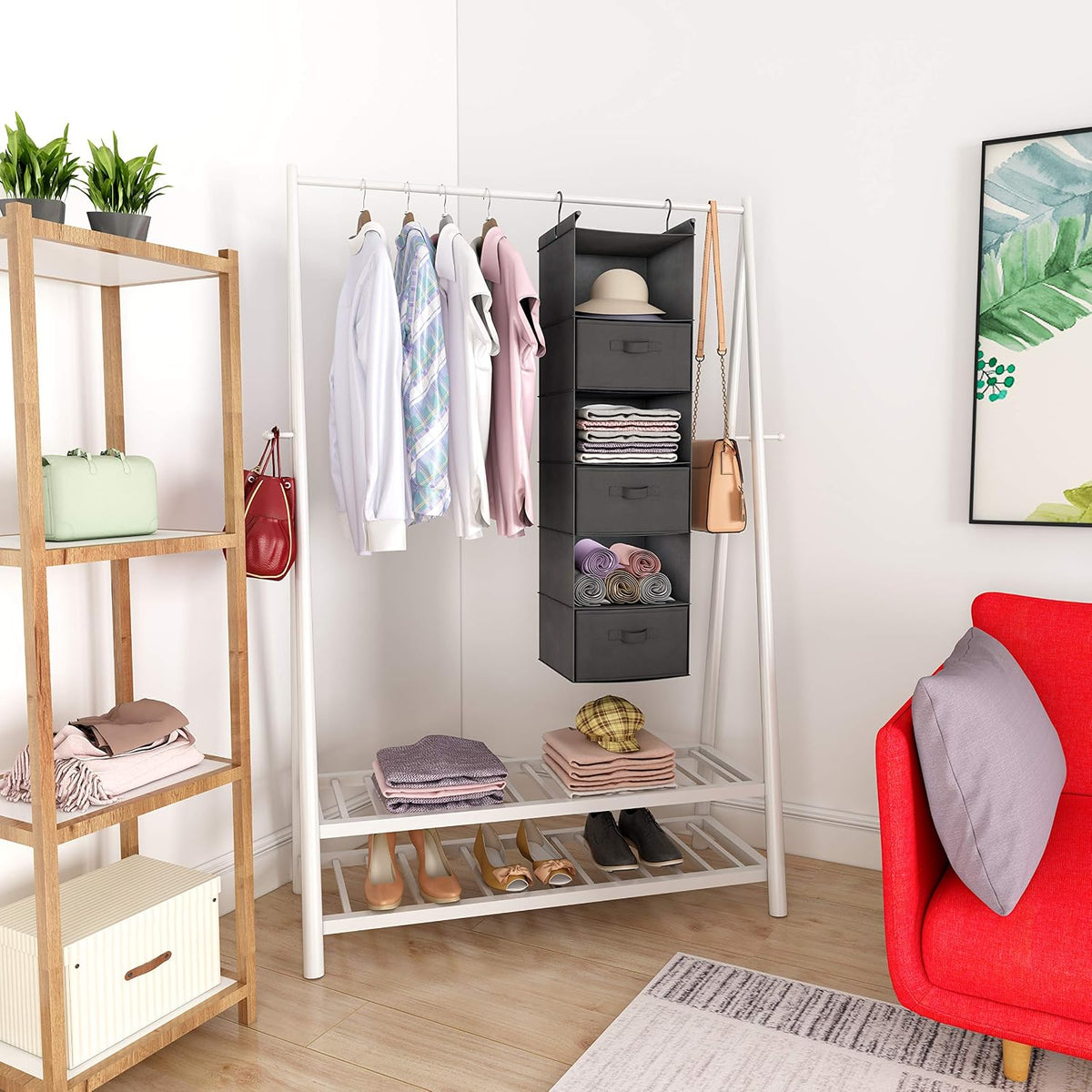 6 Tier Hanging Closet Organizer with 2 Sturdy Hooks, Grey