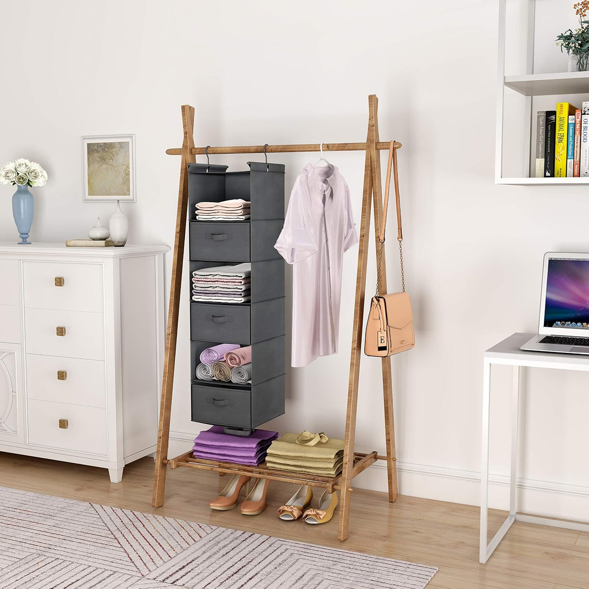 6 Tier Hanging Closet Organizer with 2 Sturdy Hooks, Grey