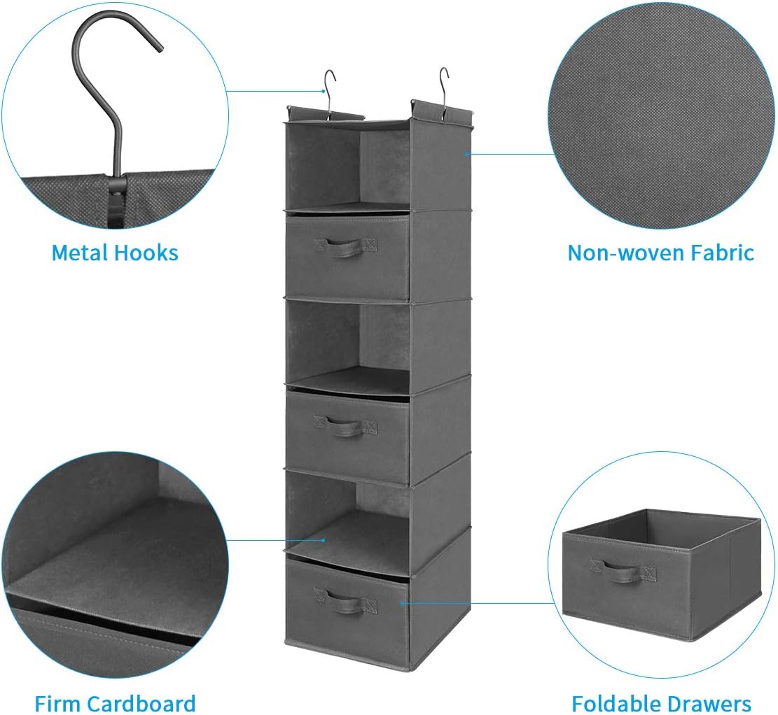6 Tier Hanging Closet Organizer with 2 Sturdy Hooks, Grey