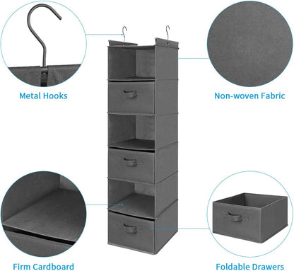 6 Tier Hanging Closet Organizer with 2 Sturdy Hooks, Grey