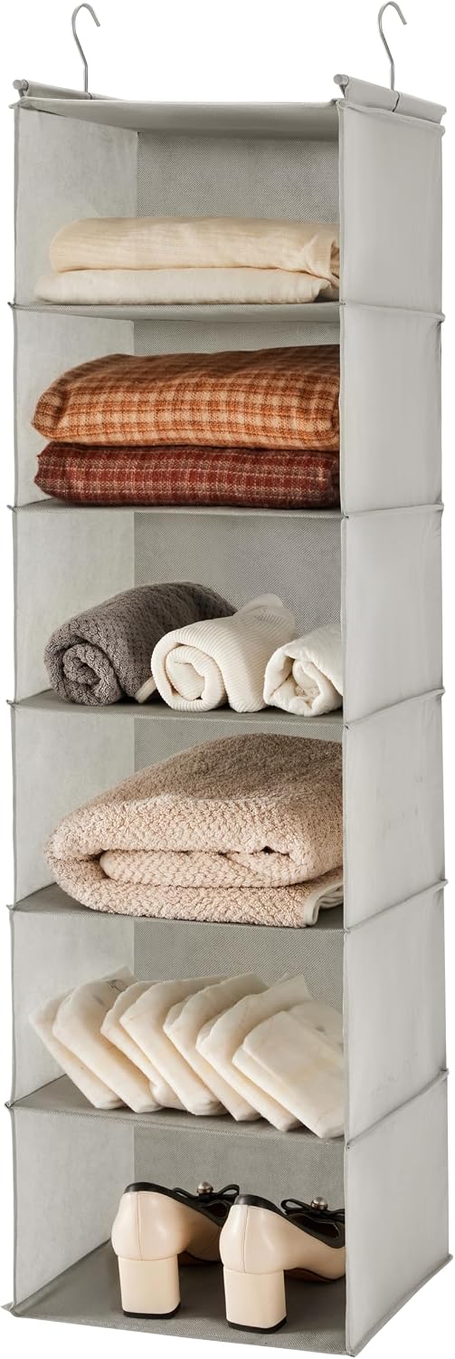 6 Tier Hanging Closet Organizer with 2 Sturdy Hooks, Grey