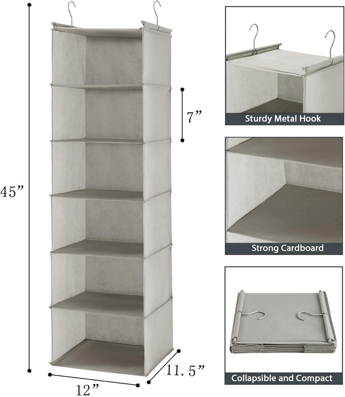 6 Tier Hanging Closet Organizer with 2 Sturdy Hooks, Grey