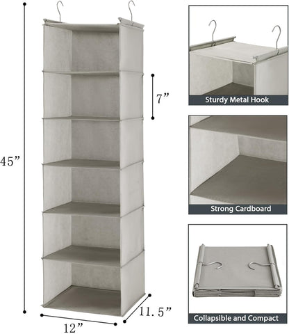 6 Tier Hanging Closet Organizer with 2 Sturdy Hooks, Grey