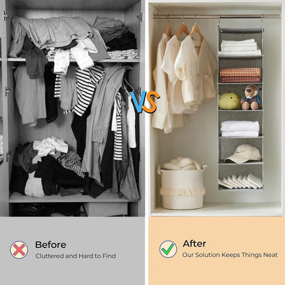 6 Tier Hanging Closet Organizer with 2 Sturdy Hooks, Grey