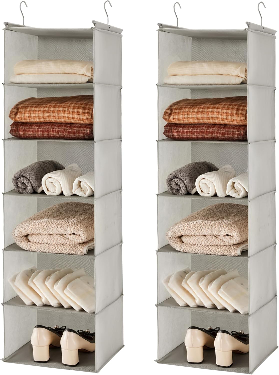 6 Tier Hanging Closet Organizer with 2 Sturdy Hooks, Grey