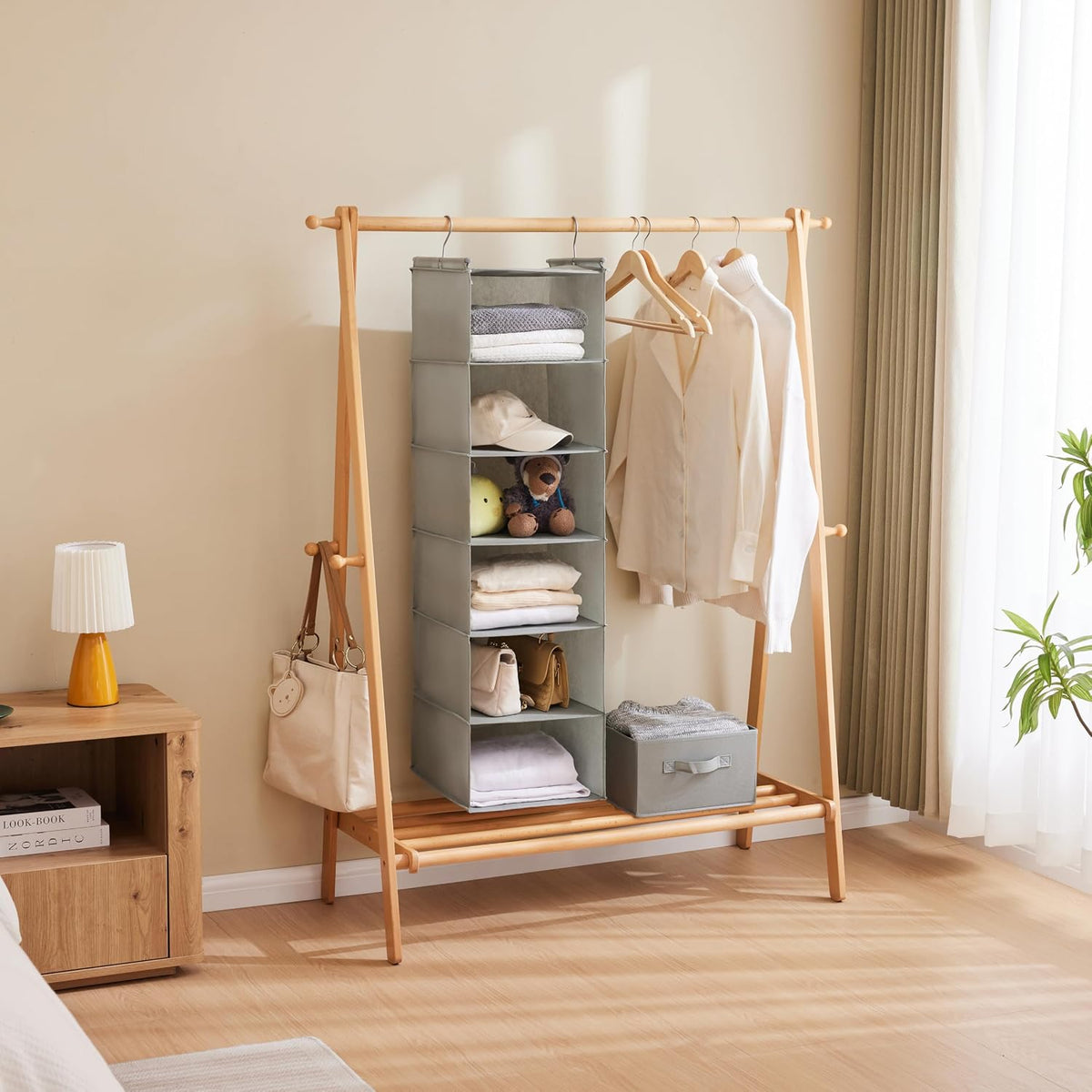6 Tier Hanging Closet Organizer with 2 Sturdy Hooks, Grey