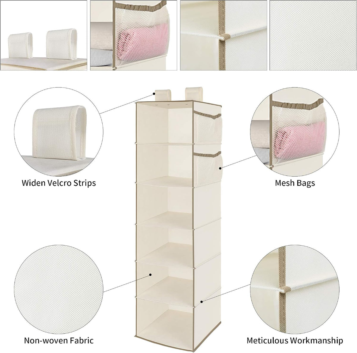 6 Tier Hanging Closet Organizer with 2 Sturdy Hooks, Grey