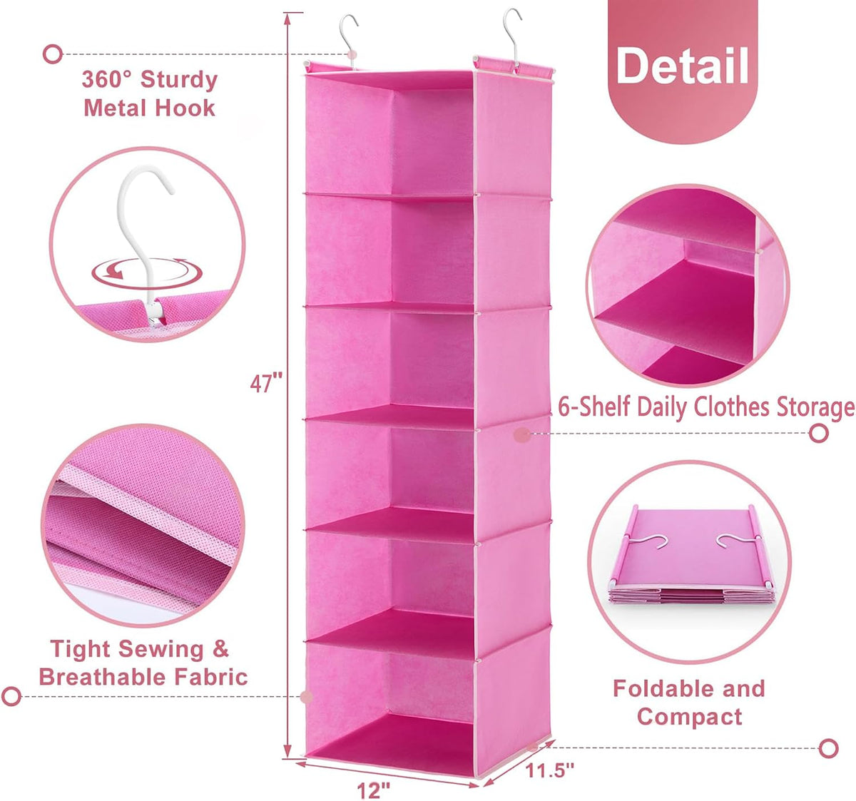 6 Tier Hanging Closet Organizer with 2 Sturdy Hooks, Grey