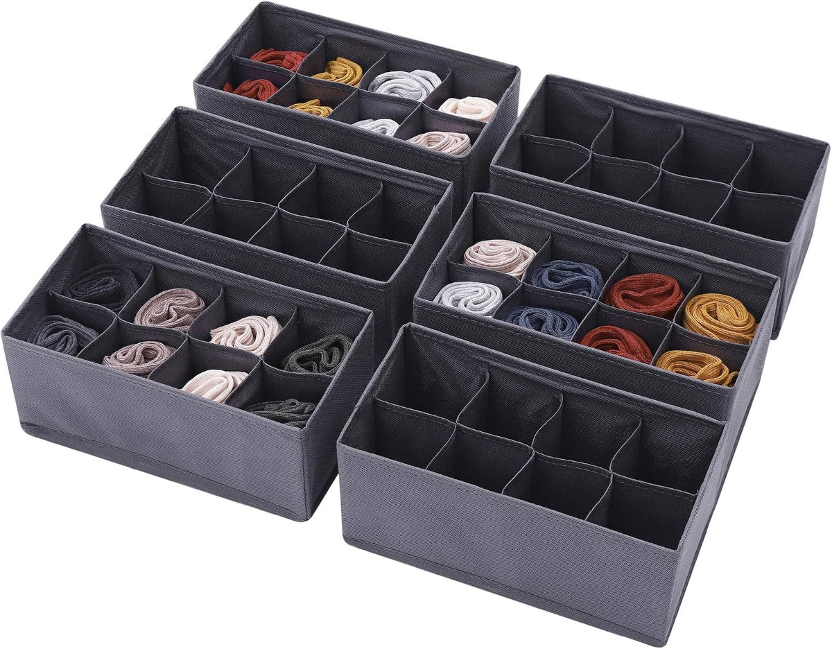 6 Pack Foldable Cloth Storage Box Closet Dresser Drawer Organizer Fabric Baskets Bins Containers Divider for Clothes Underwear Socks Lingerie Clothing, Dark Grey 00-0600