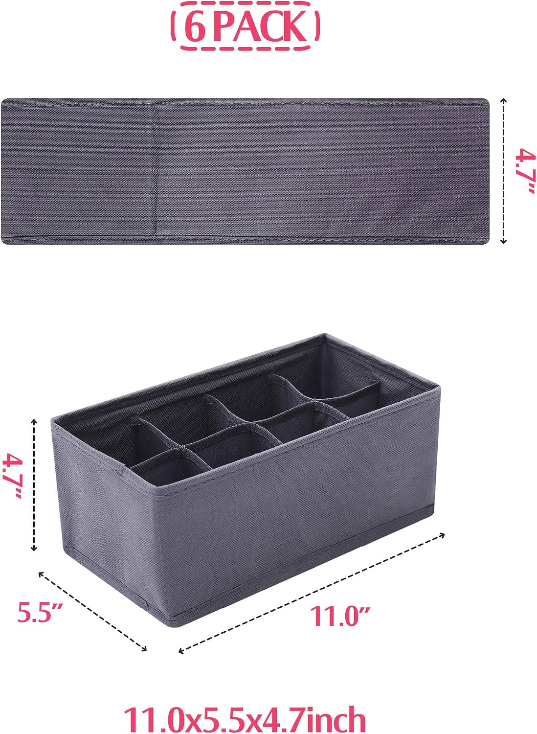 6 Pack Foldable Cloth Storage Box Closet Dresser Drawer Organizer Fabric Baskets Bins Containers Divider for Clothes Underwear Socks Lingerie Clothing, Dark Grey 00-0600