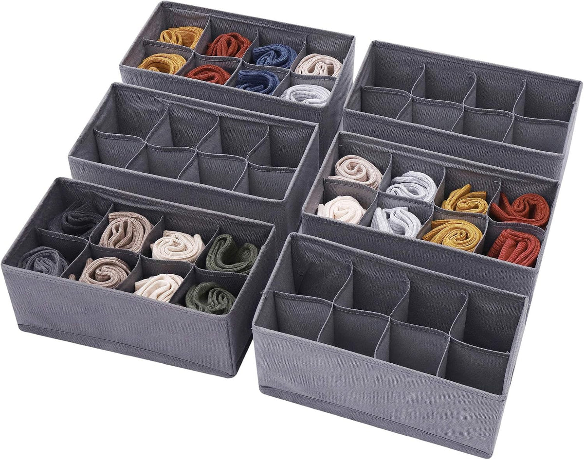 6 Pack Foldable Cloth Storage Box Closet Dresser Drawer Organizer Fabric Baskets Bins Containers Divider for Clothes Underwear Socks Lingerie Clothing, Dark Grey 00-0600
