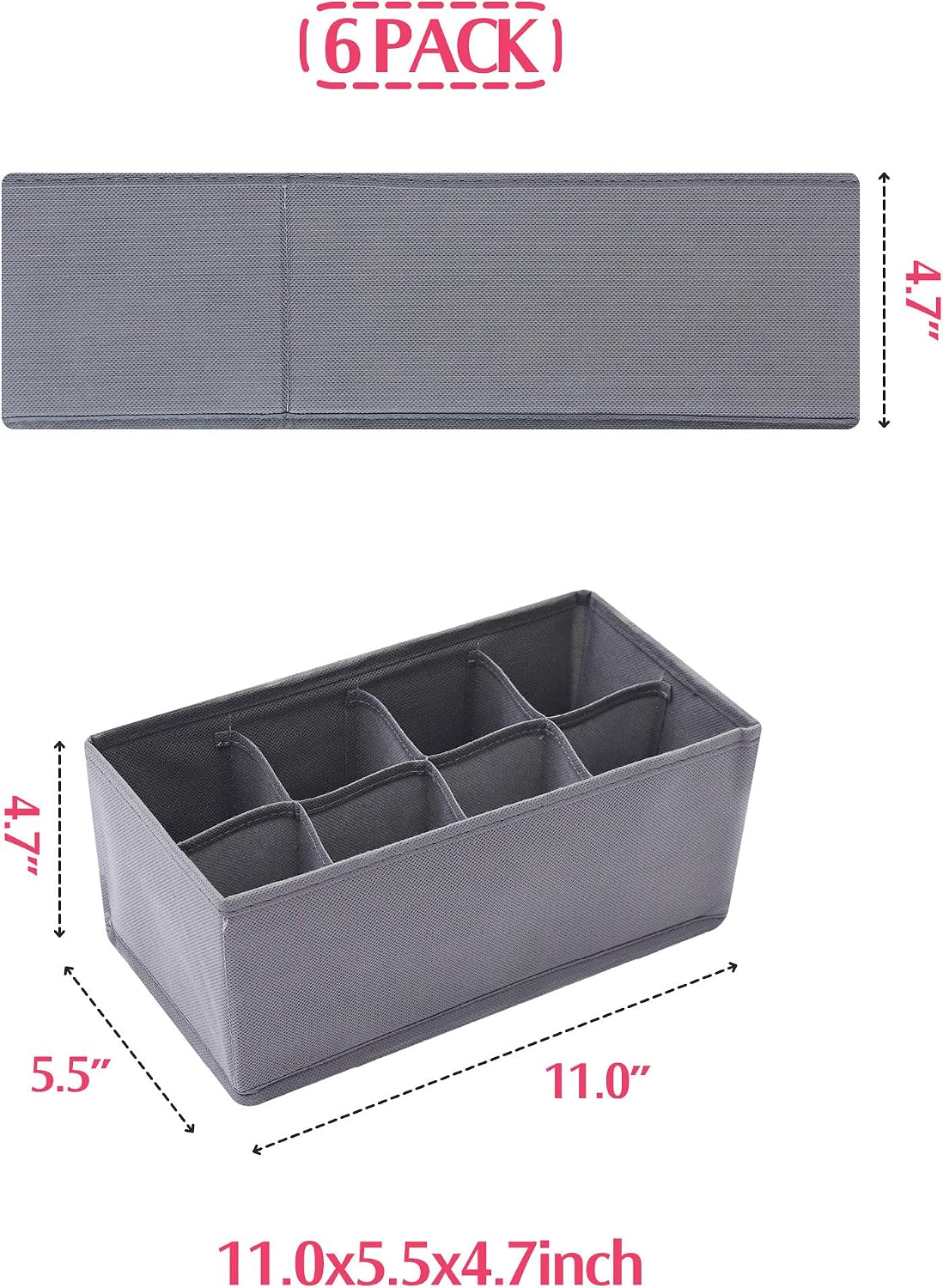 6 Pack Foldable Cloth Storage Box Closet Dresser Drawer Organizer Fabric Baskets Bins Containers Divider for Clothes Underwear Socks Lingerie Clothing, Dark Grey 00-0600