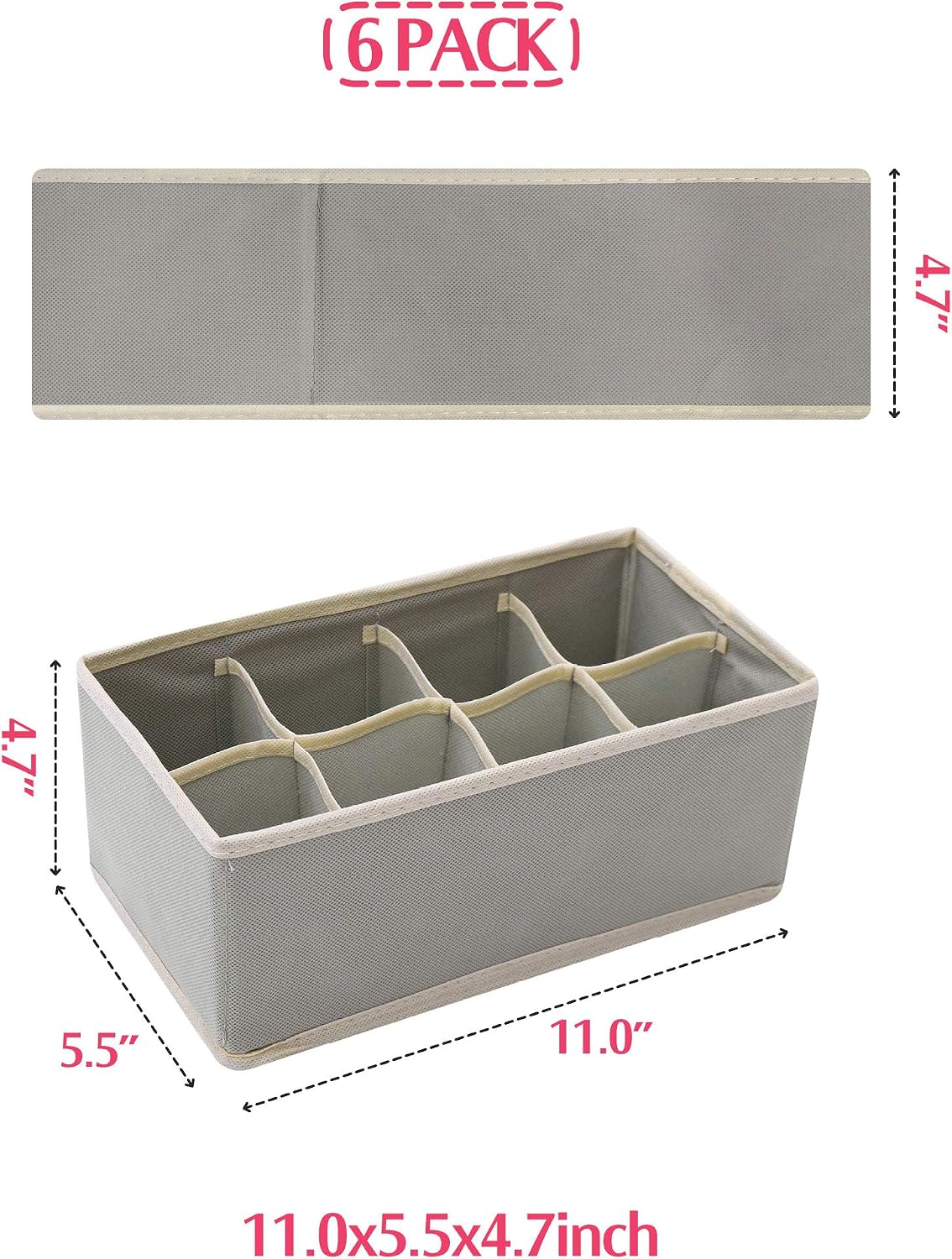 6 Pack Foldable Cloth Storage Box Closet Dresser Drawer Organizer Fabric Baskets Bins Containers Divider for Clothes Underwear Socks Lingerie Clothing, Dark Grey 00-0600