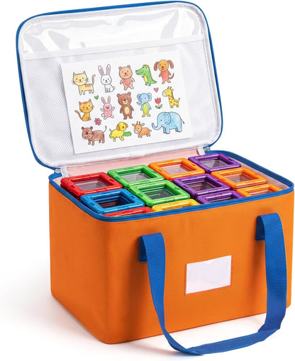 Magnetic Tiles Storage Bags, Clear Toy Organizer with Labels & Mesh Pockets, Durable Oxford Fabric, Portable Zipper Storage, Blocks, Puzzles, Travel & Home Organization (1Large)