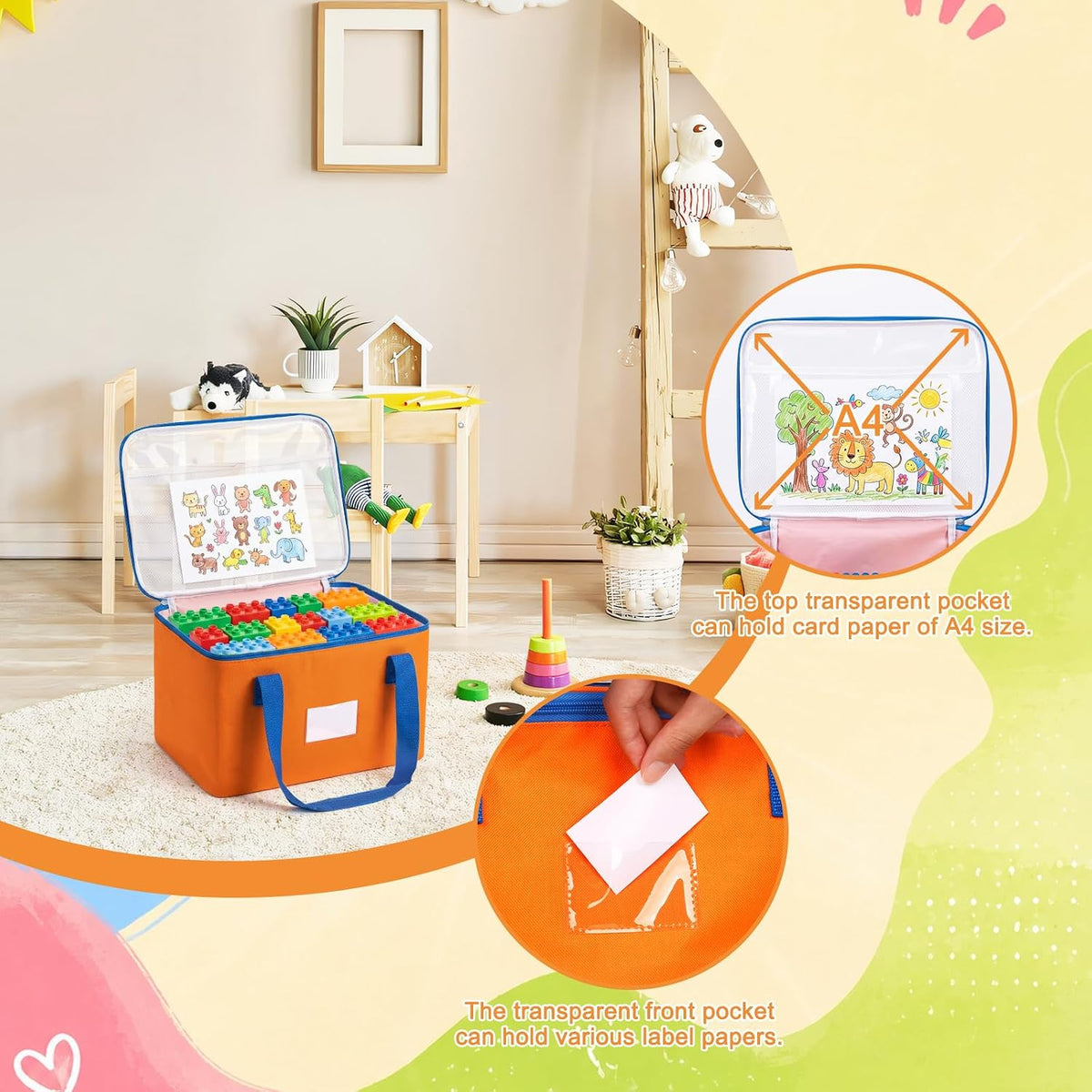 Magnetic Tiles Storage Bags, Clear Toy Organizer with Labels & Mesh Pockets, Durable Oxford Fabric, Portable Zipper Storage, Blocks, Puzzles, Travel & Home Organization (1Large)