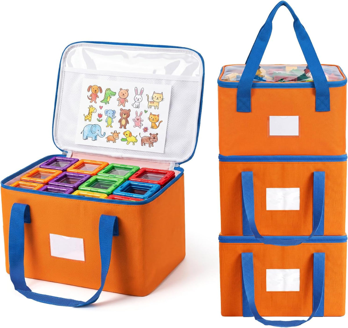 Magnetic Tiles Storage Bags, Clear Toy Organizer with Labels & Mesh Pockets, Durable Oxford Fabric, Portable Zipper Storage, Blocks, Puzzles, Travel & Home Organization (1Large)