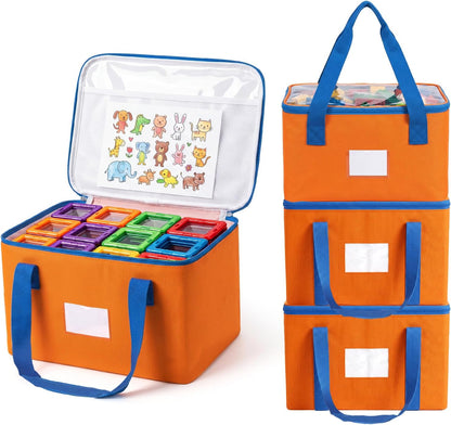 Magnetic Tiles Storage Bags, Clear Toy Organizer with Labels & Mesh Pockets, Durable Oxford Fabric, Portable Zipper Storage, Blocks, Puzzles, Travel & Home Organization (1Large)