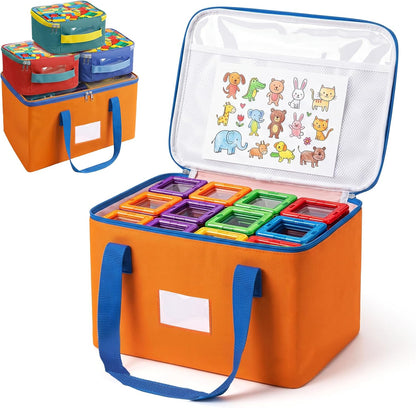 Magnetic Tiles Storage Bags, Clear Toy Organizer with Labels & Mesh Pockets, Durable Oxford Fabric, Portable Zipper Storage, Blocks, Puzzles, Travel & Home Organization (1Large)