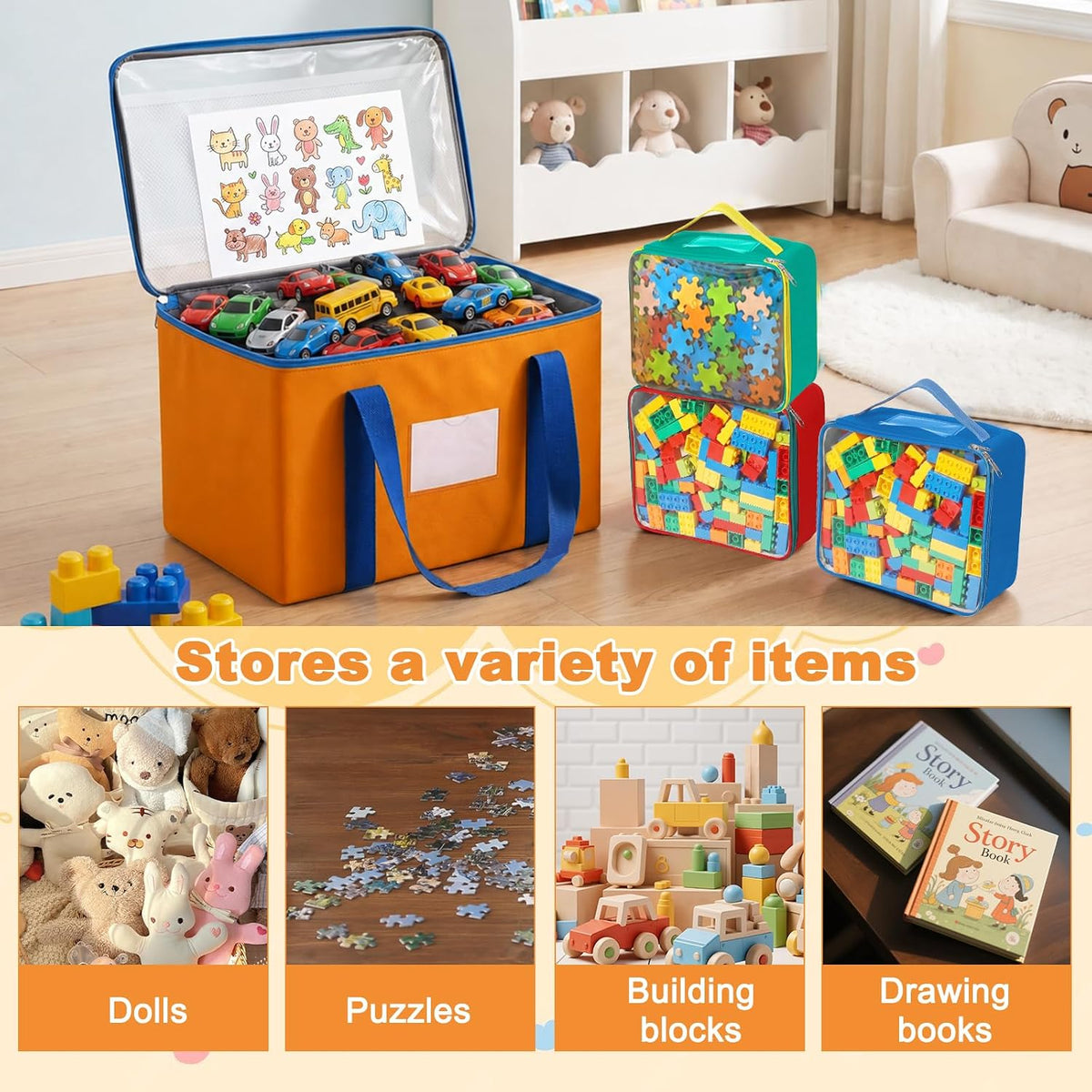 Magnetic Tiles Storage Bags, Clear Toy Organizer with Labels & Mesh Pockets, Durable Oxford Fabric, Portable Zipper Storage, Blocks, Puzzles, Travel & Home Organization (1Large)