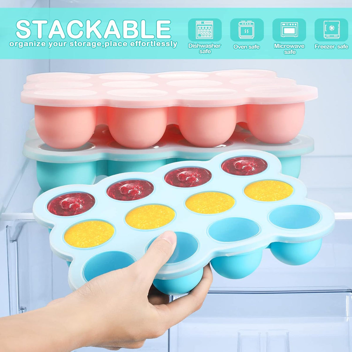 3 Pcs Baby Food Storage Container 12 Cup Silicone Baby Food Freezer Tray with Lid Stackable Reusable Silicone Freezer Tray for Vegetable Fruit Puree and Breast Milk(Multicolor)