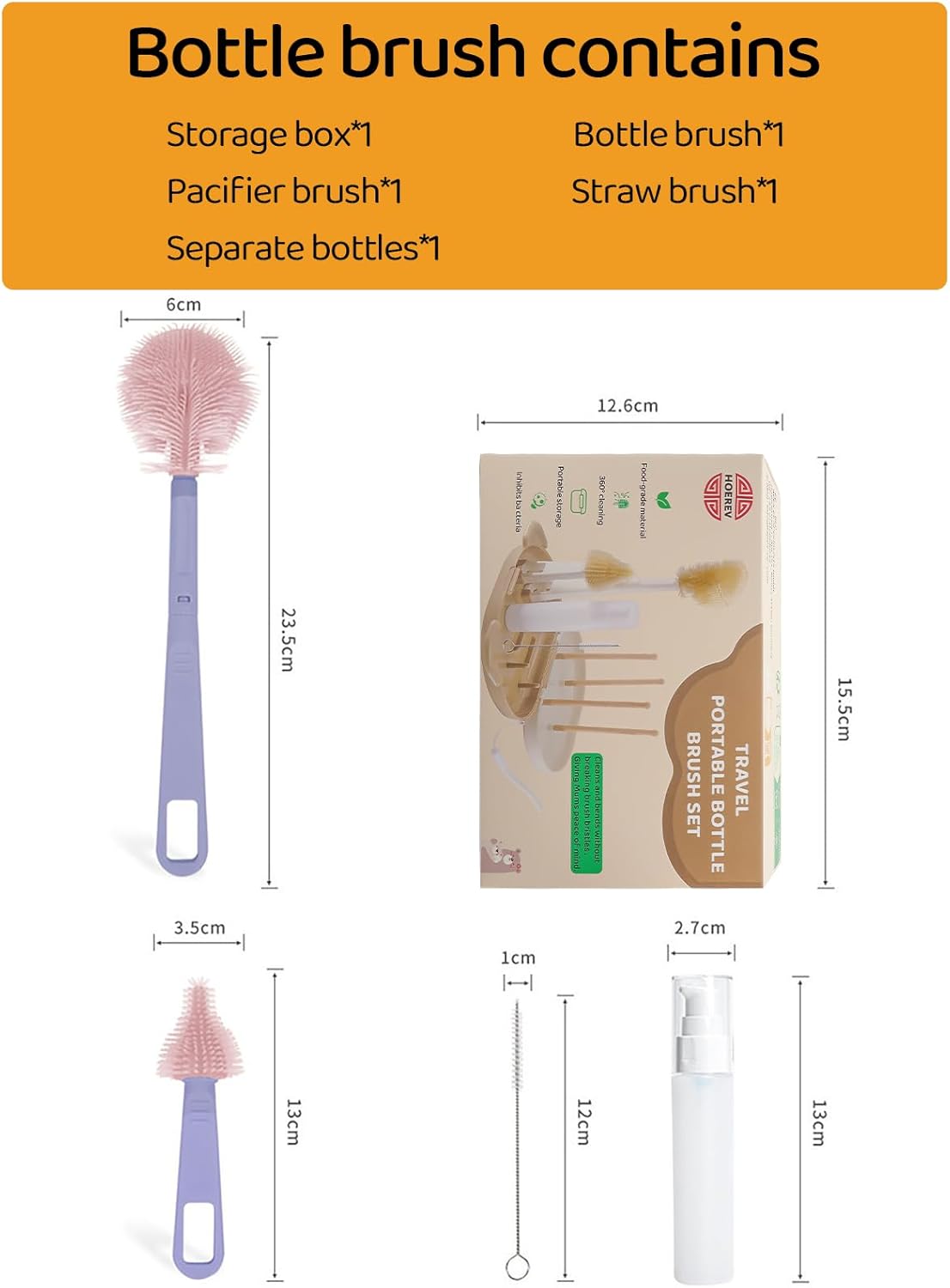 Portable Baby Silicone Bottle Brush Set Include Pacifier Brush, Straw Brush, draining Rack, Portable Box