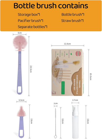 Portable Baby Silicone Bottle Brush Set Include Pacifier Brush, Straw Brush, draining Rack, Portable Box
