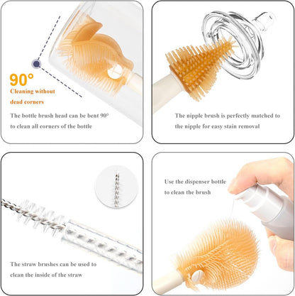 Portable Baby Silicone Bottle Brush Set Include Pacifier Brush, Straw Brush, draining Rack, Portable Box