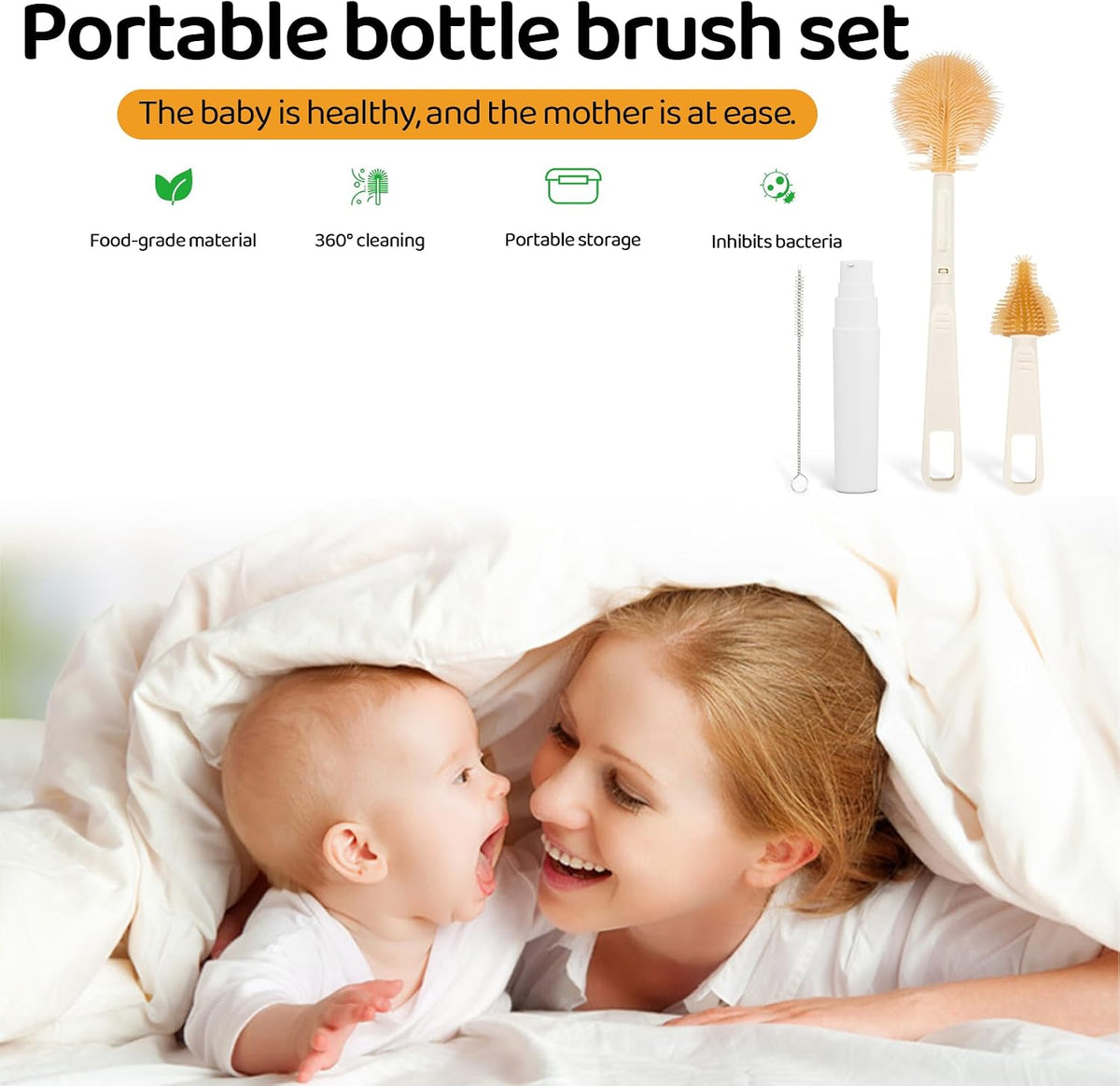 Portable Baby Silicone Bottle Brush Set Include Pacifier Brush, Straw Brush, draining Rack, Portable Box