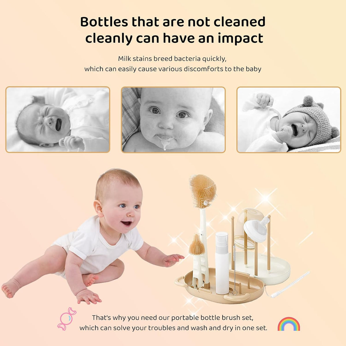 Portable Baby Silicone Bottle Brush Set Include Pacifier Brush, Straw Brush, draining Rack, Portable Box