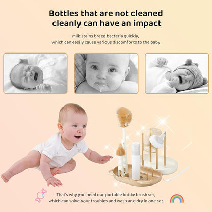 Portable Baby Silicone Bottle Brush Set Include Pacifier Brush, Straw Brush, draining Rack, Portable Box