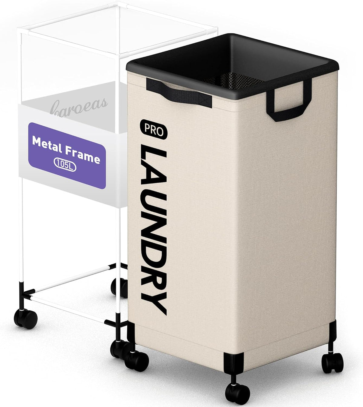 Next-Gen 105L Matel Frame Laundry Basket with wheels, Heavy Duty Tall Rolling Laundry Hamper with Removable Wash Bag, Collapsible Freestanding Clothes Hamper (100L,Beige,2Pack)