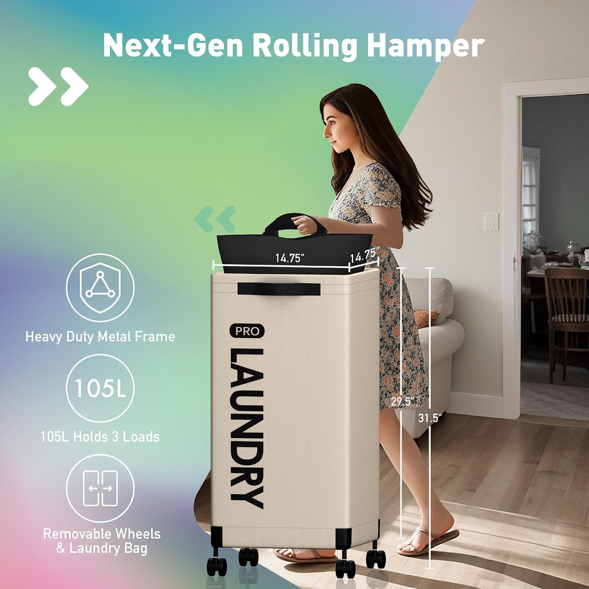 Next-Gen 105L Matel Frame Laundry Basket with wheels, Heavy Duty Tall Rolling Laundry Hamper with Removable Wash Bag, Collapsible Freestanding Clothes Hamper (100L,Beige,2Pack)