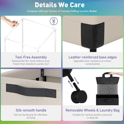 Next-Gen 105L Matel Frame Laundry Basket with wheels, Heavy Duty Tall Rolling Laundry Hamper with Removable Wash Bag, Collapsible Freestanding Clothes Hamper (100L,Beige,2Pack)