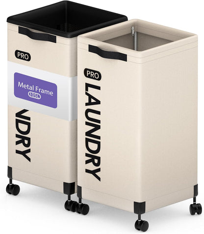 Next-Gen 105L Matel Frame Laundry Basket with wheels, Heavy Duty Tall Rolling Laundry Hamper with Removable Wash Bag, Collapsible Freestanding Clothes Hamper (100L,Beige,2Pack)