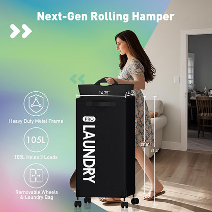 Next-Gen 105L Matel Frame Laundry Basket with wheels, Heavy Duty Tall Rolling Laundry Hamper with Removable Wash Bag, Collapsible Freestanding Clothes Hamper (100L,Beige,2Pack)