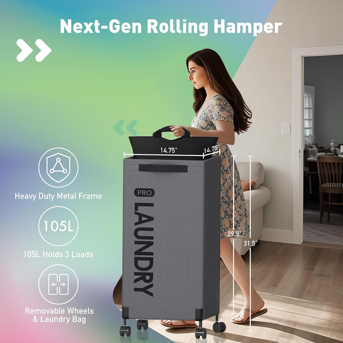 Next-Gen 105L Matel Frame Laundry Basket with wheels, Heavy Duty Tall Rolling Laundry Hamper with Removable Wash Bag, Collapsible Freestanding Clothes Hamper (100L,Beige,2Pack)