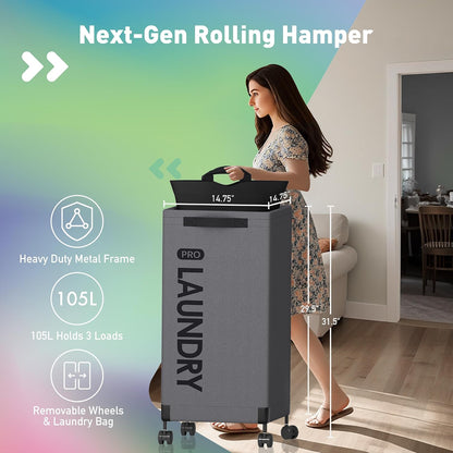 Next-Gen 105L Matel Frame Laundry Basket with wheels, Heavy Duty Tall Rolling Laundry Hamper with Removable Wash Bag, Collapsible Freestanding Clothes Hamper (100L,Beige,2Pack)