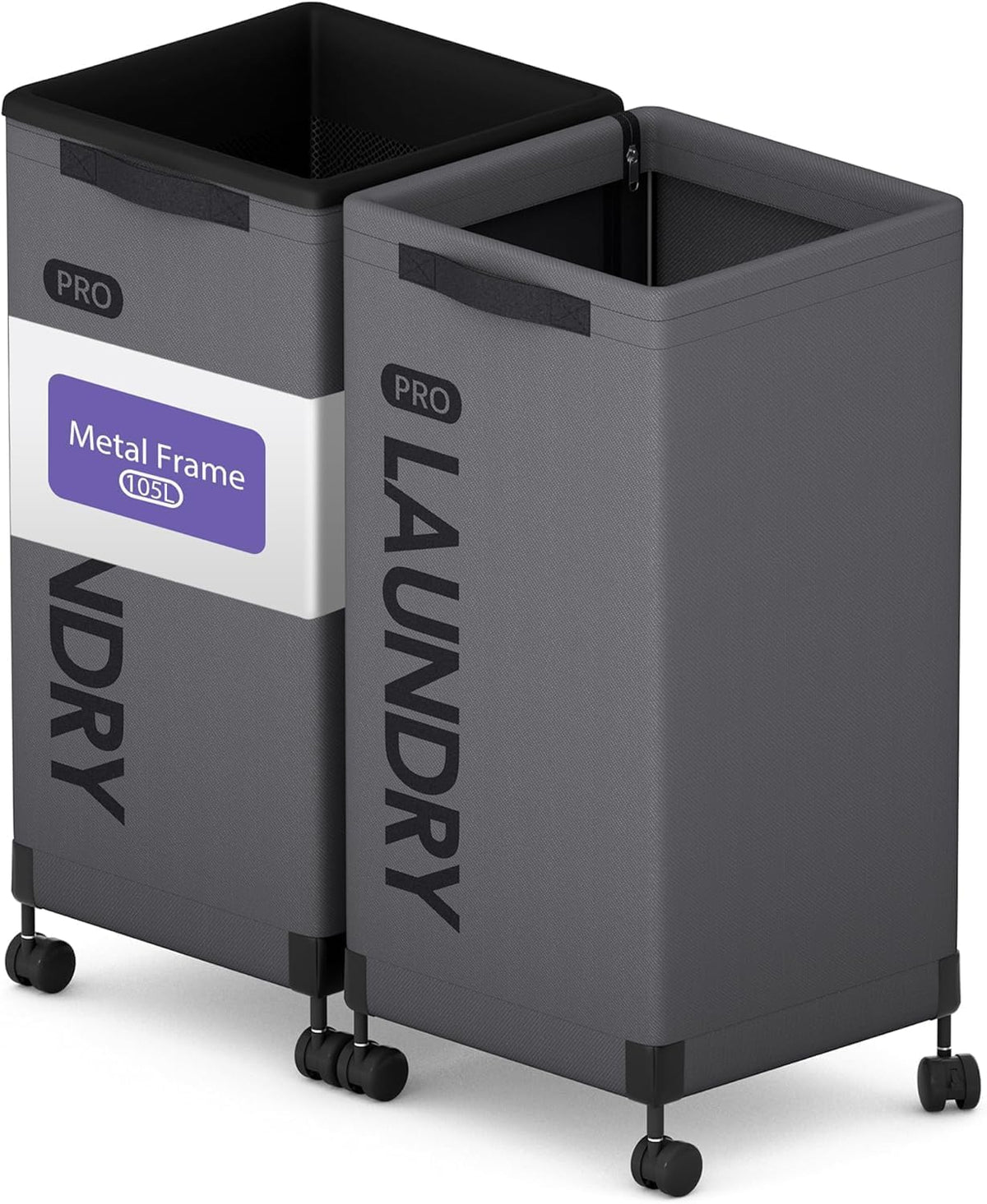 Next-Gen 105L Matel Frame Laundry Basket with wheels, Heavy Duty Tall Rolling Laundry Hamper with Removable Wash Bag, Collapsible Freestanding Clothes Hamper (100L,Beige,2Pack)