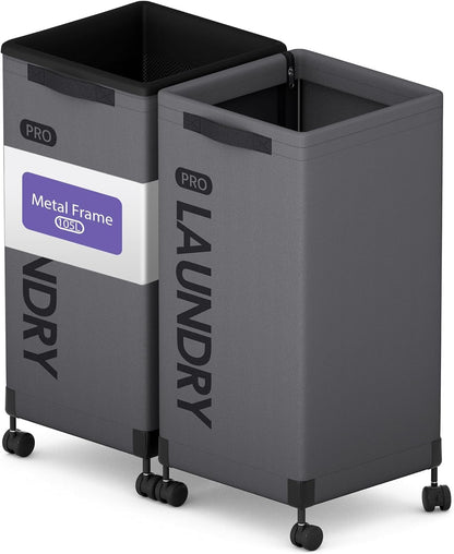 Next-Gen 105L Matel Frame Laundry Basket with wheels, Heavy Duty Tall Rolling Laundry Hamper with Removable Wash Bag, Collapsible Freestanding Clothes Hamper (100L,Beige,2Pack)