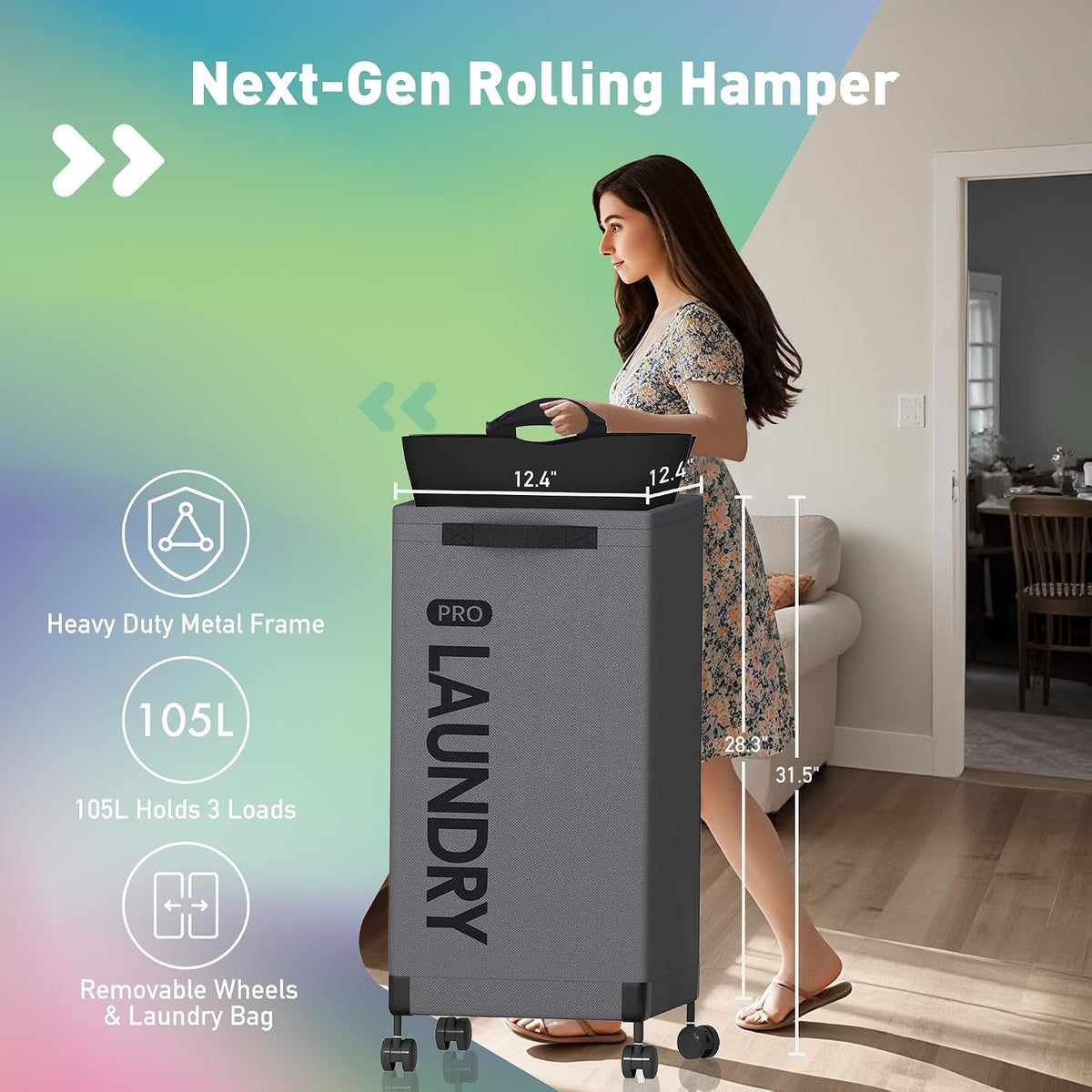 Next-Gen 105L Matel Frame Laundry Basket with wheels, Heavy Duty Tall Rolling Laundry Hamper with Removable Wash Bag, Collapsible Freestanding Clothes Hamper (100L,Beige,2Pack)