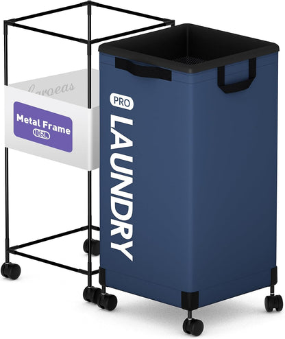 Next-Gen 105L Matel Frame Laundry Basket with wheels, Heavy Duty Tall Rolling Laundry Hamper with Removable Wash Bag, Collapsible Freestanding Clothes Hamper (100L,Beige,2Pack)