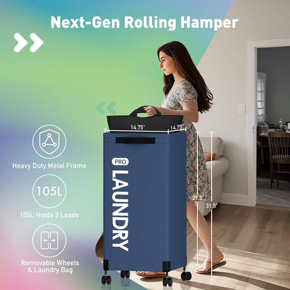 Next-Gen 105L Matel Frame Laundry Basket with wheels, Heavy Duty Tall Rolling Laundry Hamper with Removable Wash Bag, Collapsible Freestanding Clothes Hamper (100L,Beige,2Pack)