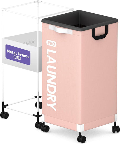 Next-Gen 105L Matel Frame Laundry Basket with wheels, Heavy Duty Tall Rolling Laundry Hamper with Removable Wash Bag, Collapsible Freestanding Clothes Hamper (100L,Beige,2Pack)