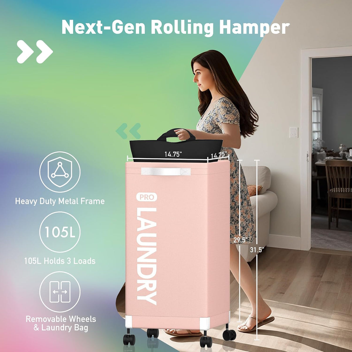 Next-Gen 105L Matel Frame Laundry Basket with wheels, Heavy Duty Tall Rolling Laundry Hamper with Removable Wash Bag, Collapsible Freestanding Clothes Hamper (100L,Beige,2Pack)